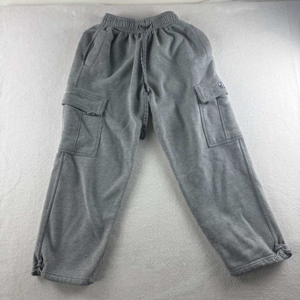 Pro Club Heavy Weight Cargo Sweatpants Mens Small Gray Fleece Wide Leg Bungee